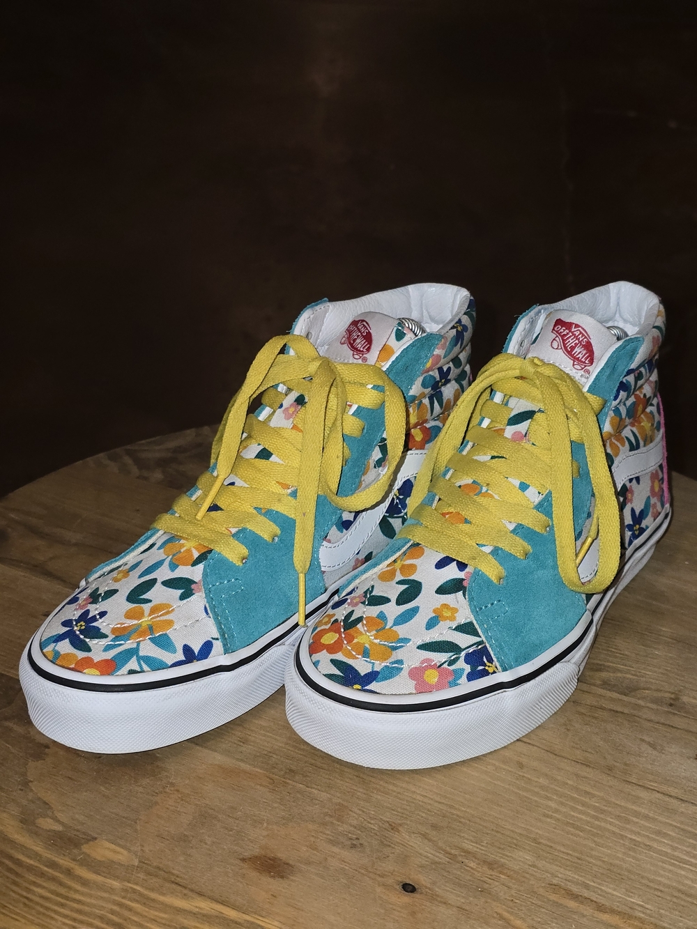VANS Customs Sk8-Hi Teal Floral Pink Heel Sneakers Men 5.5 Women 7